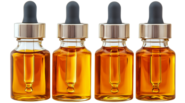 Four identical bottles containing orange liquid with dropper on transparent background