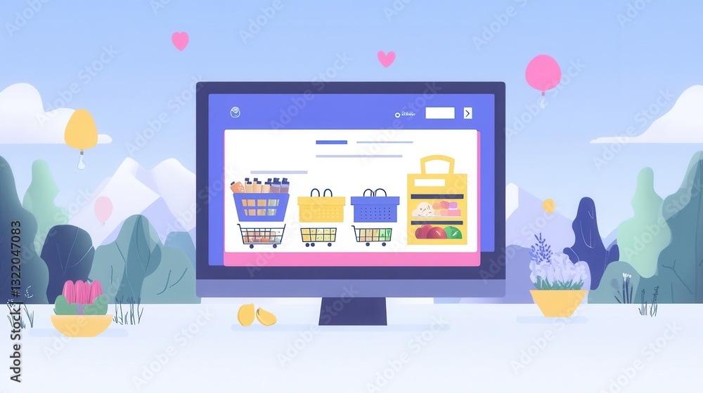 Poster Stylized flat design illustration of an online grocery order summary displayed on a digital screen in a modern setting