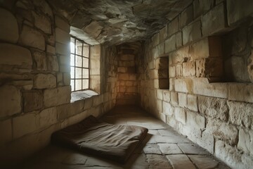 Ancient, Narrow Stone Room with Metal Bars on Window