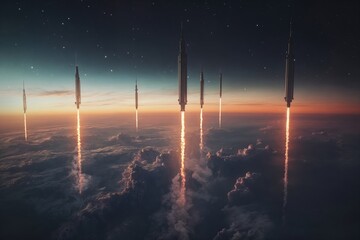 Rockets launch from the Earth planet orbit through the clouds with a bright glow of the engine on the foreground