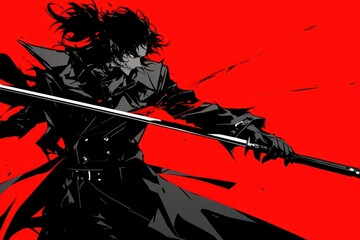 A dark figure holding a long sword against a red backdrop