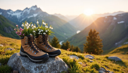hiking boots with wild spring flowers in the mountains