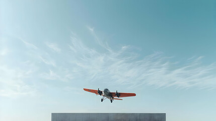 Obraz premium Low Flying Orange Biplane Aircraft Landing Against a Bright Blue Sky and a Concrete Wall