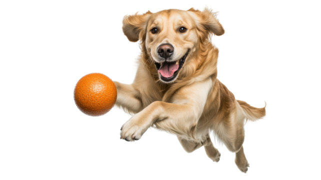 Golden retriever jumping and catching orange ball on transparent background