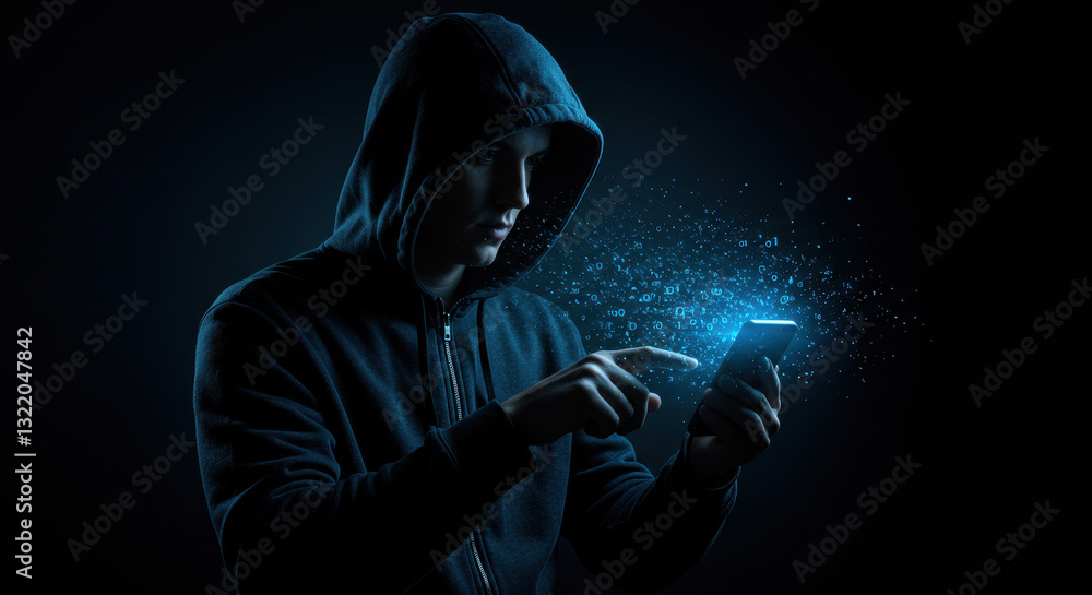 Poster cyber hacker: hoodie figure exploiting digital data on smartphone - security, privacy, network breac