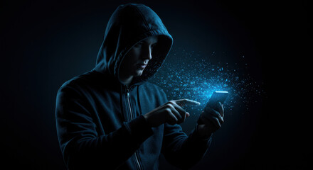 Cyber Hacker: Hoodie Figure Exploiting Digital Data on Smartphone - Security, Privacy, Network Breach