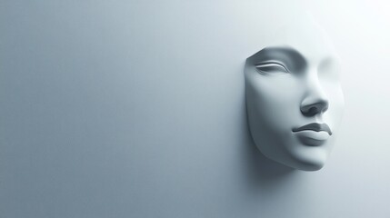 Serene Face: A 3D Render of a Calm and Peaceful Expression Emerging from a White Wall