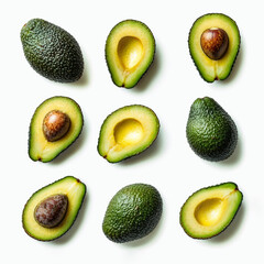 Fresh whole, half, and sliced avocado isolated on a white background fresh and healthy fruit.
