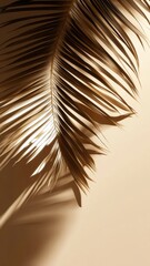 Fototapeta premium Golden abstract tropical palm leaf and elegant shadow on neutral background, evoking tropical luxury casting summer serenity