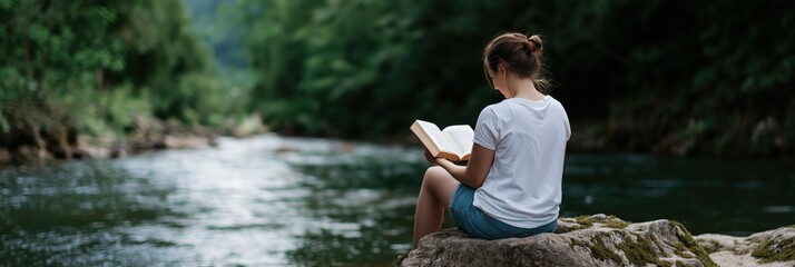 A young woman relaxes by a serene river, engrossed in a book, embodying tranquility and a deep connection with nature, perfect for moments of reflection and escape.