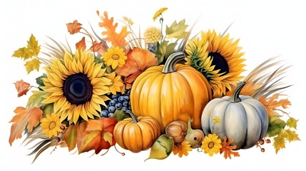 A painting of a fall scene with pumpkins, sunflowers, and leaves