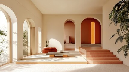 Modern lounge area with soft natural tones, arch accents, and a minimalist coffee table.