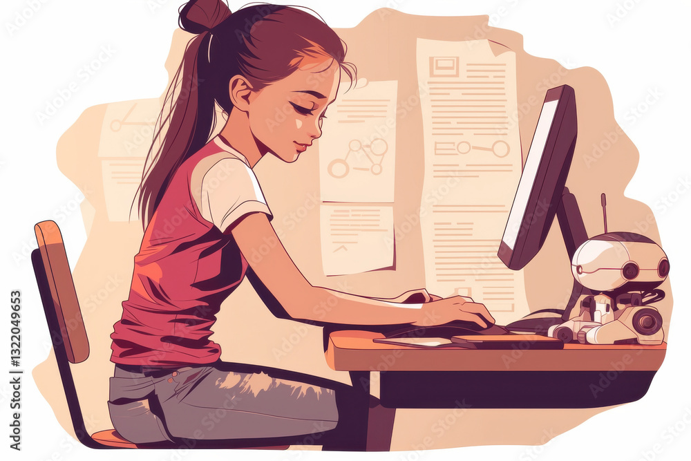 Poster a girl is sitting at a desk with a computer and a robot