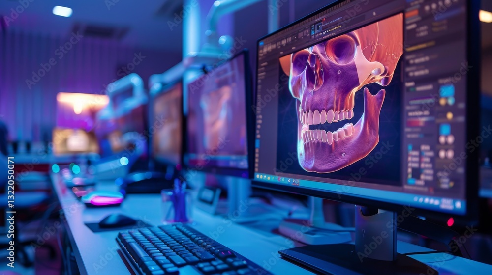 Aufkleber Modern healthcare facility showcases advanced imaging technology with a computer displaying a detailed skull scan. The environment is illuminated with ambient light, creating a high tech atmosphere.
