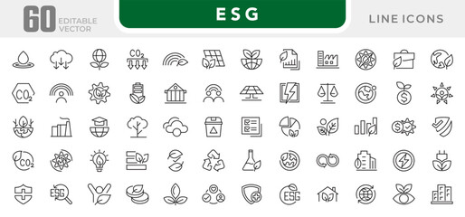 ESG line icon set. Social governance, risk, ecology, Environmental, Social, and Governance, solar panels, recycling, green city, net zero, financial performance line icon set. UI thin line icon pack.