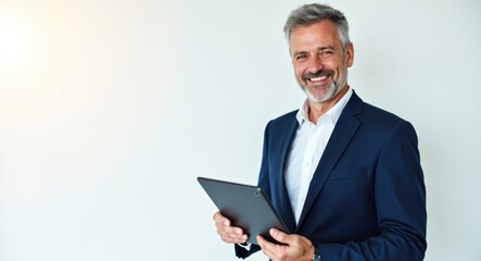Happy Businessman Holding Tablet in Office