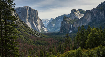 Obraz premium Yosemite National Park: Majestic Valley View with El Capitan, Waterfalls, and Lush Forests