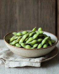 Fresh Edamame Pods in Organic Bowl on Rustic Wooden Surface