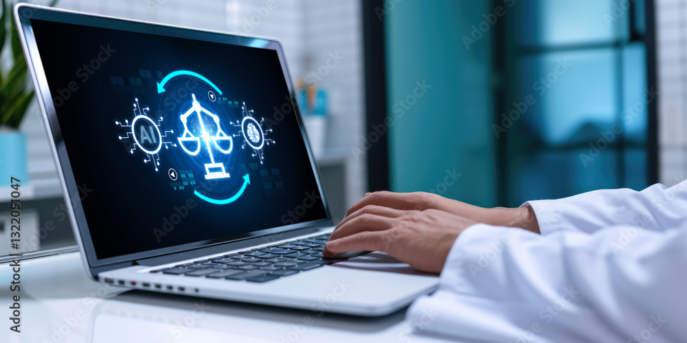 Poster ai ethics responsibility standard law and rules on computer screen provide report of ai ethic transp