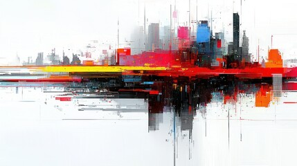 Abstract city skyline with vibrant colors and fragmented geometric shapes on a white canvas