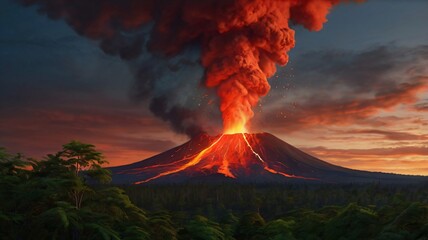 Dramatic volcanic eruption with bright red lava flows and orange smoke cloud