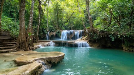 Naklejka premium The stunning multi-tiered waterfalls of Huay Mae Kamin, flowing through a tropical paradise.