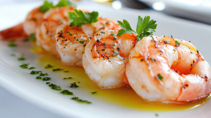 Crevettes grill&eacute;es avec persil et huile d'olive servies sur assiette blanche.
