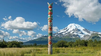 Obraz premium Totem pole standing against the backdrop of a snow-capped mountain, a testament to indigenous heritage.