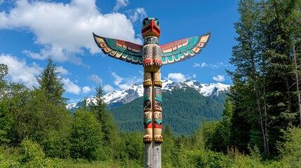 Obraz premium Totem pole standing against the backdrop of a snow-capped mountain, a testament to indigenous heritage.