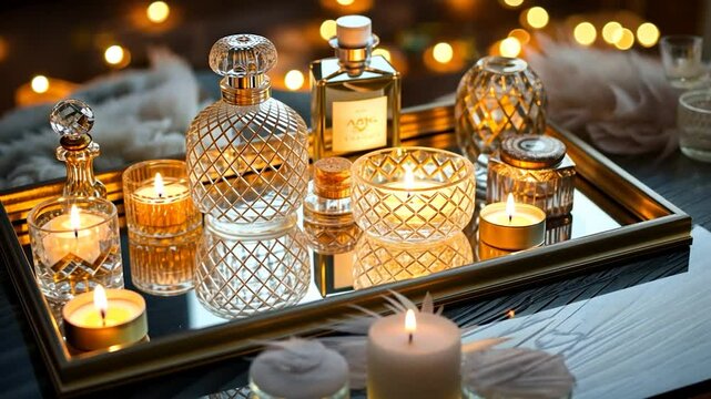Elegant candles and perfumes on a mirrored tray