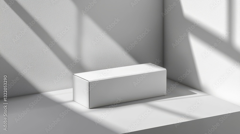 Poster minimalist white box displayed on plain surface with shadow play