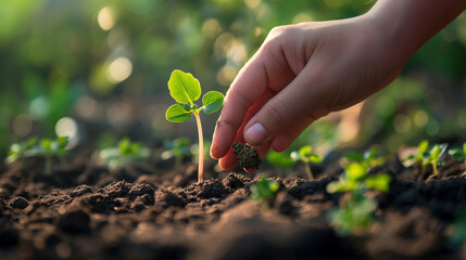 A hand holds a handful of soil with a sprout on a forest background	