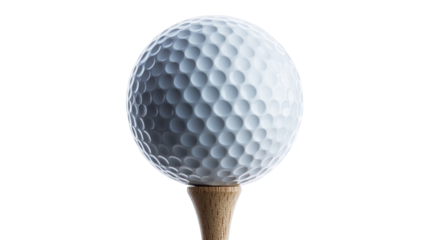 White golf ball standing on wooden tee with transparent background