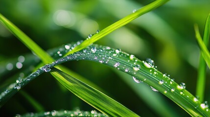 Naklejka premium Close-up of vibrant green grass blades with morning dew glistening in soft sunlight, capturing purity, renewal, and the quiet poetry of nature.