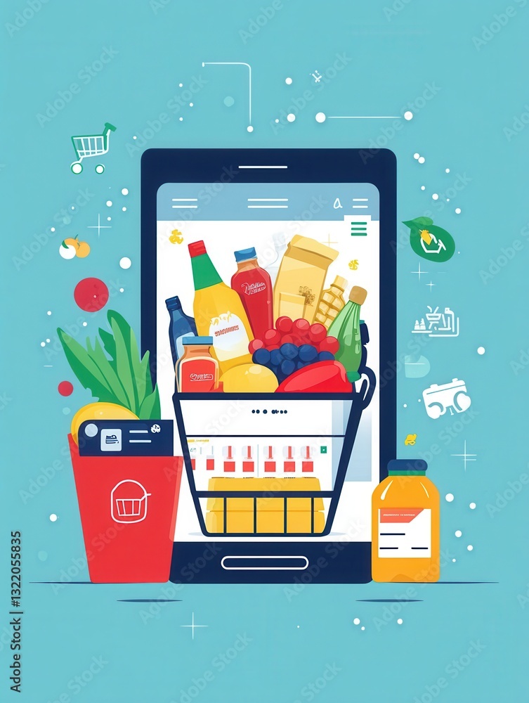 Poster stylized flat design of online grocery order summary on a digital screen showcasing modern grocery s