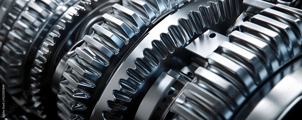 Poster close up of gleaming interlocking metallic gears and components