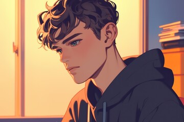 A portrait of a young man in a contemplative pose