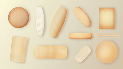 Realistic transparent and beige medical adhesive bandages and plasters. Round wound patches. Elastic antibacterial band aid tape vector set. Illustration of realistic patch adhesive