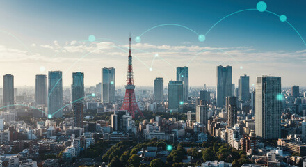 Obraz premium ** Tokyo Skyline: Tower, Cityscape, Modern Architecture & Tech Connections - Japan's Vibrant Urban Future