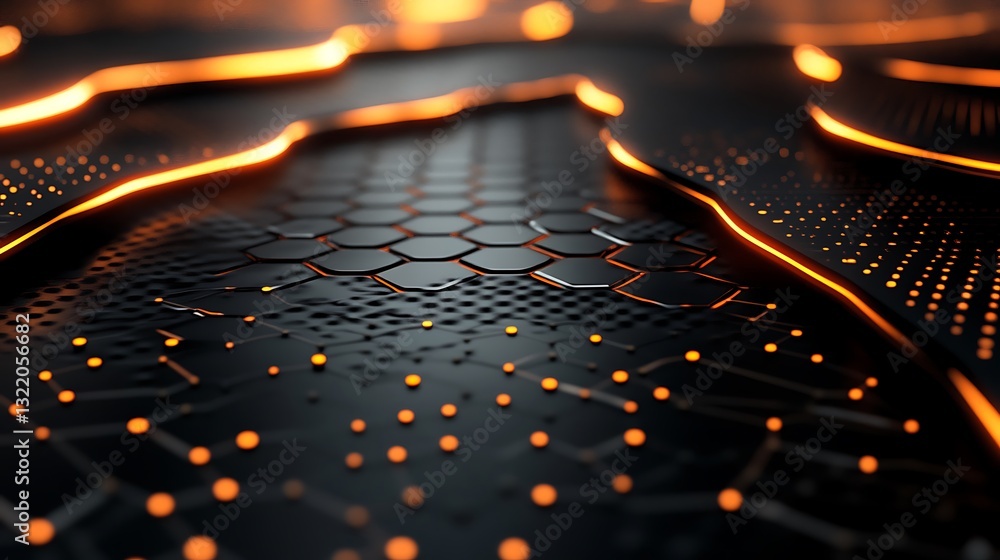 Poster futuristic dark hexagon tech surface with glowing orange lines - hi-tech texture background.