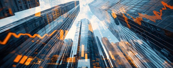Skyscrapers reaching for the sky overlaid with financial data