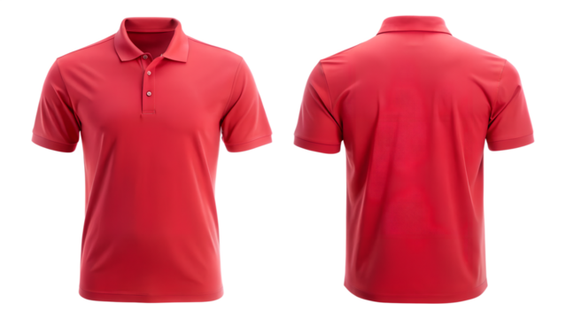 A high-quality image of a simple red POLO SHIRT displayed on a transparent background, showcasing both the front side and back side, ideal for clothing design, fashion, e-commerce, and apparel use