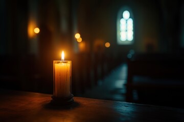 Dimly Lit Church Interior with Single Candle for Mourning and Reflection
