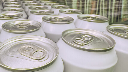Neatly arranged white soda cans, beverage industry concept, refreshing drinks, party celebration,...