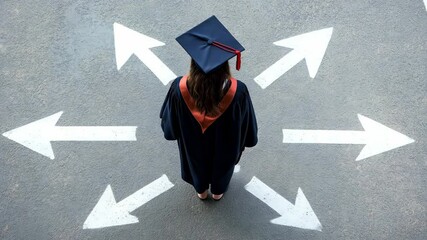 A graduate woman in cap and gown stands at a crossroads, pondering future possibilities and choices during graduation celebration
