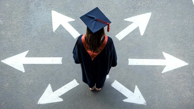 A graduate woman in cap and gown stands at a crossroads, pondering future possibilities and choices during graduation celebration