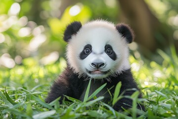 Fototapeta premium Adorable Young Panda Sitting on Green Grass in Natural Habitat
