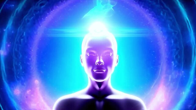 High-quality 4K animation of a man experiencing third eye enlightenment, radiating divine energy, spiritual awakening, and deep consciousness with mystical auras and sacred geometric patterns


