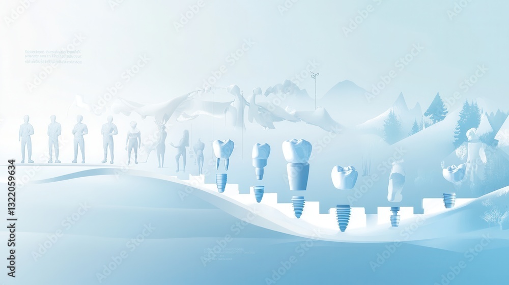 Aufkleber dental implant placement process explained through a smooth infographic in blue tones illustrating e
