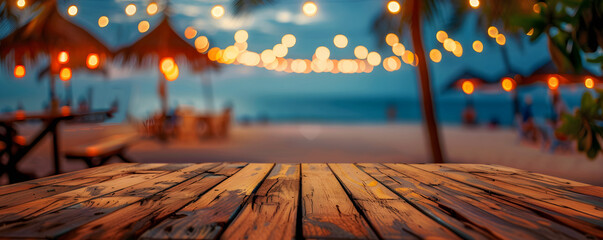 A beach scene with a wooden table and umbrellas